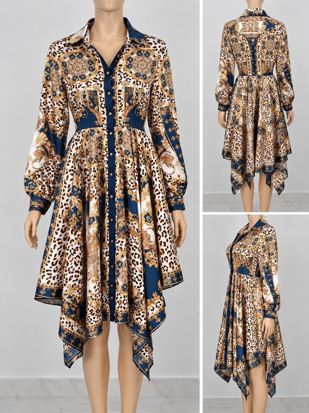 Gracia Navy, Gold & White Asymmetrical Baroque Leopard Shirt Dress